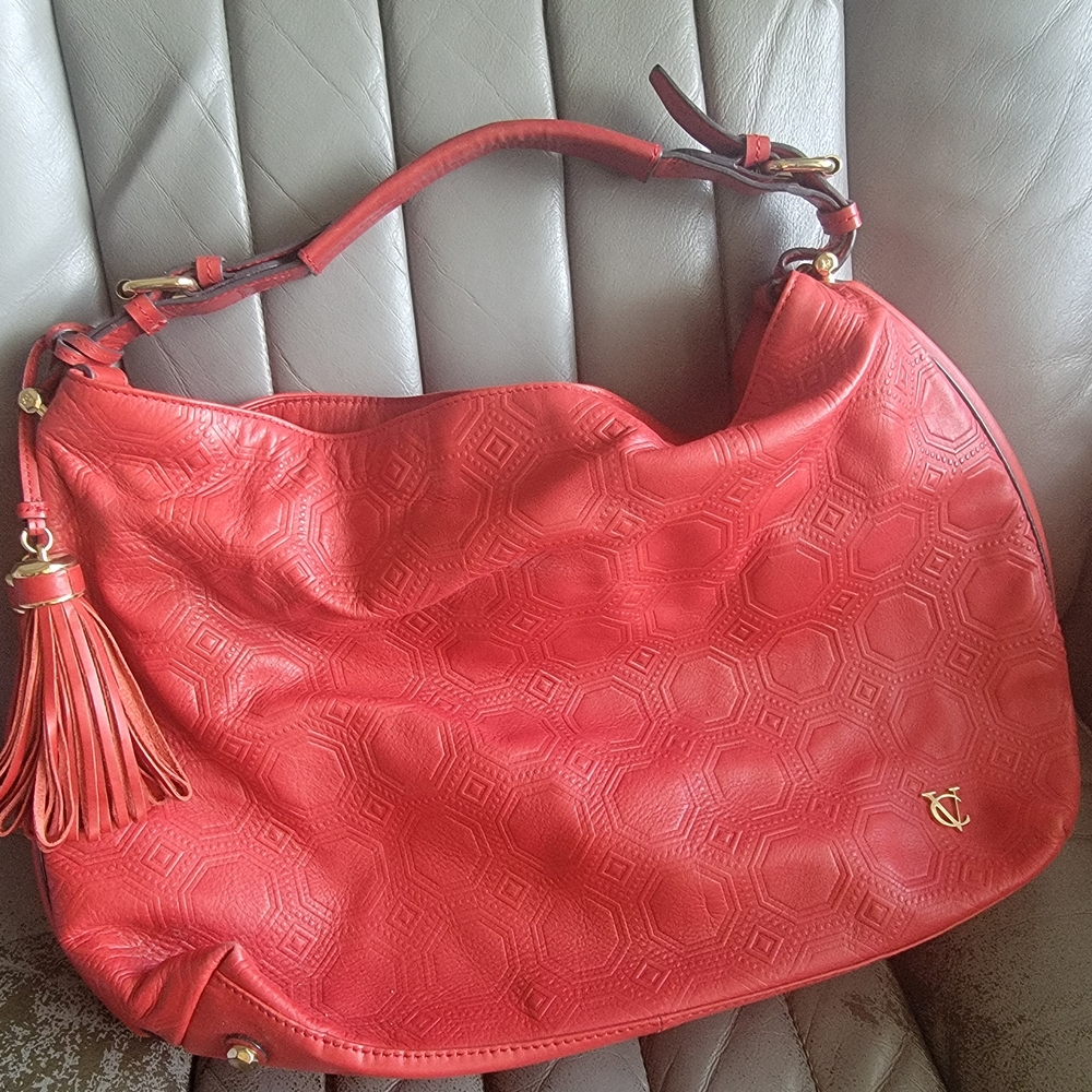 Vince Camuto Red Designer Embossed Leather Hobo Bag